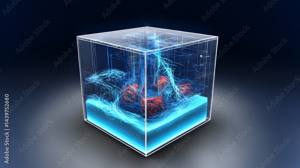 Poster transparent cube hologram displays complex fluid dynamics in a futuristic lab