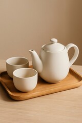 Fototapeta premium White ceramic teapot and matching cups are on a wooden tray, and the morning setting is calm.