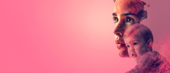 young brunette woman looking up with sad face expression; collag with child silhuette & copy space; concept of young motherhood, adoption, abortion, parenting