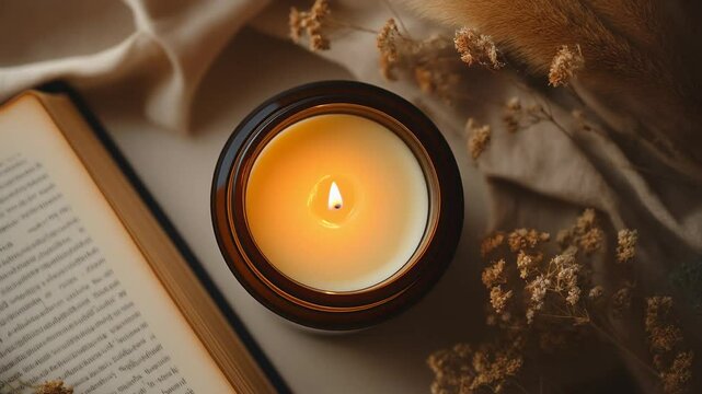 Una vela de lujo tomada de arriba hacia abajo, con la llama reci&eacute;n encendida, la cera derretida acumul&aacute;ndose lentamente, decorada con un libro abierto, flores secas y tonos neutros c&aacute;lidos