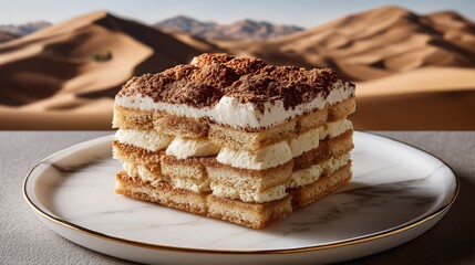 Delicious cake dessert served on elegant plate in desert background
