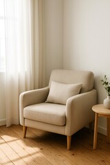 Neutral tone armchair by the window with soft sunlight and minimal decor