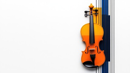 Minimalist line art of a violin bow placed delicately on strings on an absolutely white background.