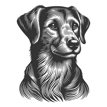 cheerful dog with detailed fur texture, expressive eyes, and a decorative leaf accent sketch engraving generative ai raster illustration. Scratch board imitation. Black and white image.