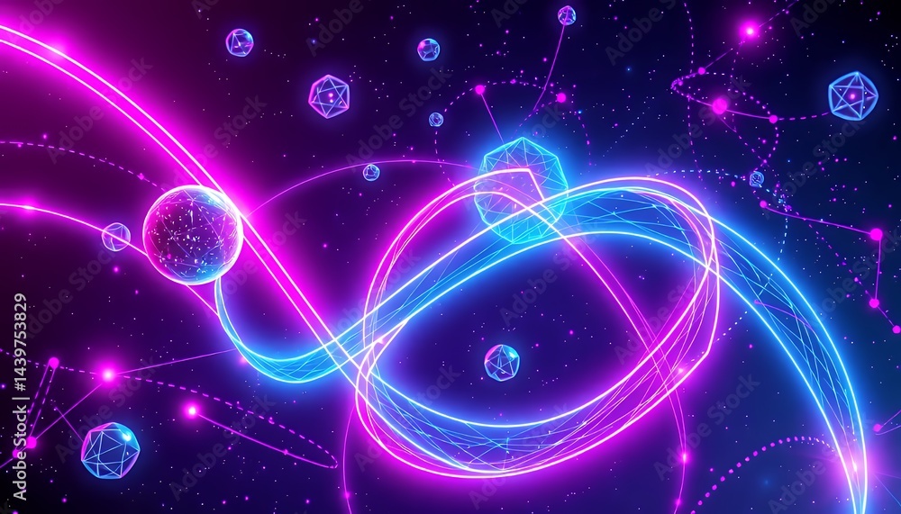 Poster glowing neon bio tech illustration featuring purple and blue curved lines spheres and connected dots