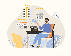 Real estate online. Man search for apartment to rent, choosing house online. Flat vector illustration.