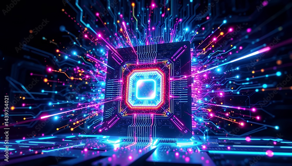 Poster glowing neon cube in a dark background with intricate circuitry and luminous particles a vibrant 3d 