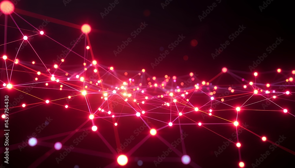 Poster interconnected glowing red and orange dots network on dark background 3d neon bio tech illustration 
