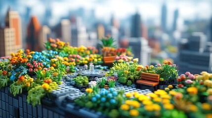 Rooftop garden, city skyline, miniature, flowers, fountain, peaceful, urban oasis, design
