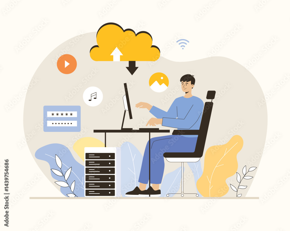 Poster cloud computing, storage, data center, file management concept. man uploads data to cloud service, s
