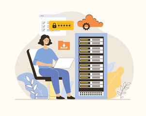 Cloud computing, storage concept. Wireless secure connection, storage and processing, personal data protection. Flat vector illustration.
