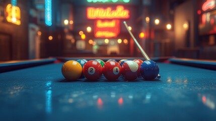 Pool table with balls and cue in dimly lit bar