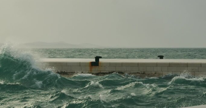 Strong Waves from the Jugo Wind Crash on the Promenade in Zadar, Croatia