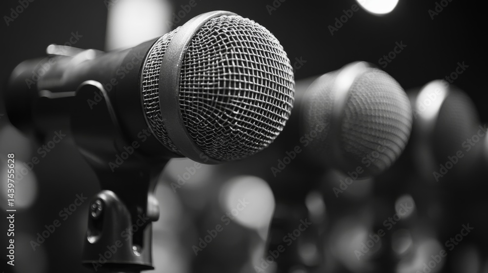 Poster Several microphones positioned closely on stands in a low light setting, indicating a moment before an upcoming live event or recording session, creating a sense of anticipation.