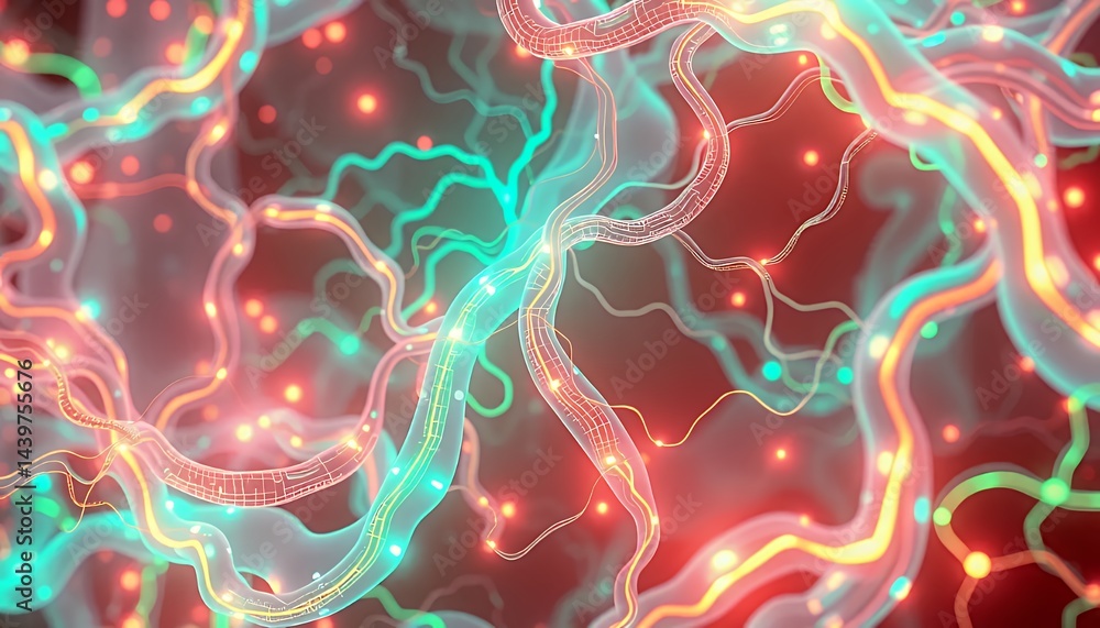 Poster intricate 3d neon biotech illustration featuring interconnected glowing neural network structures on