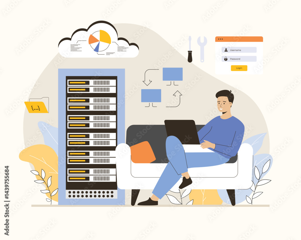 Poster cloud computing, storage concept. internet service for backup digital data. download, upload informa