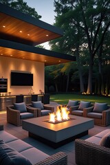 Luxury Modern Outdoor Patio with Fire Pit and Kitchen Lounge Area at Dusk