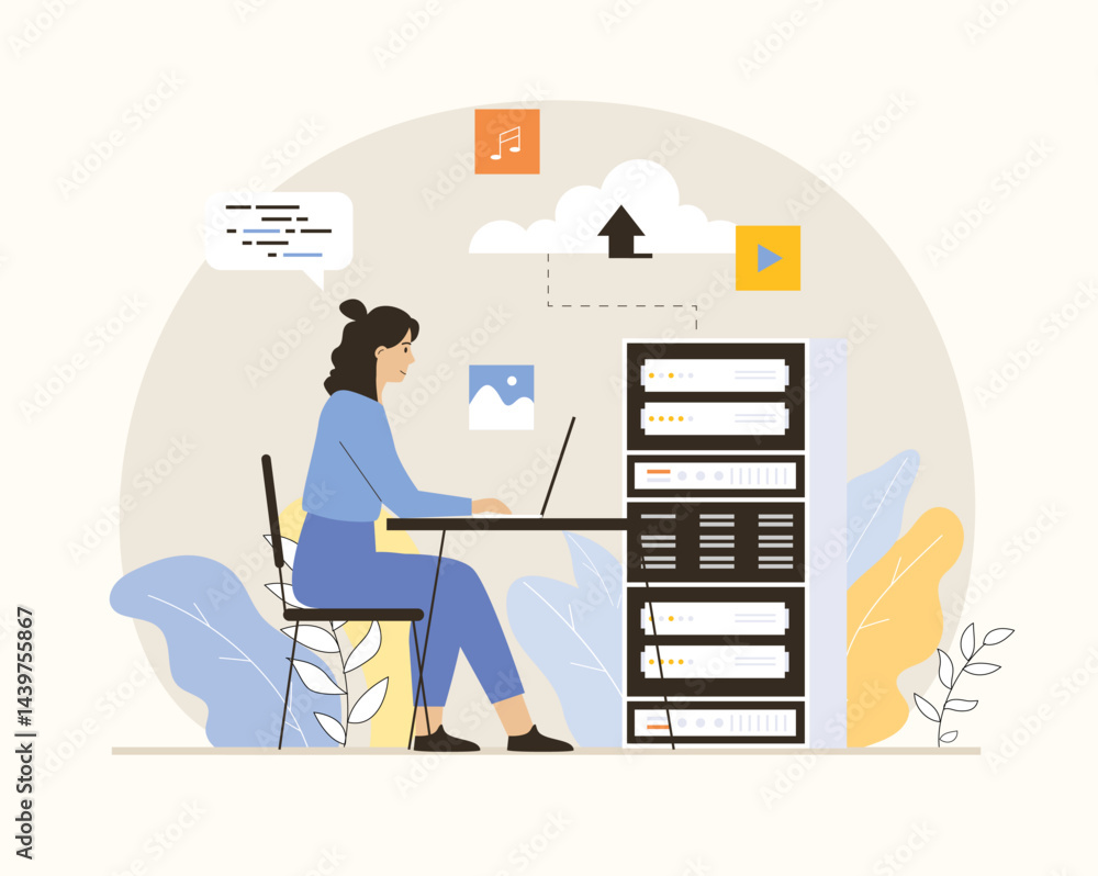 Poster cloud computing, online database, web hosting. woman using laptop upload and download information on