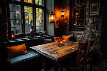 Cozy corner of a rustic restaurant illuminated by warm candlelight, inviting relaxation