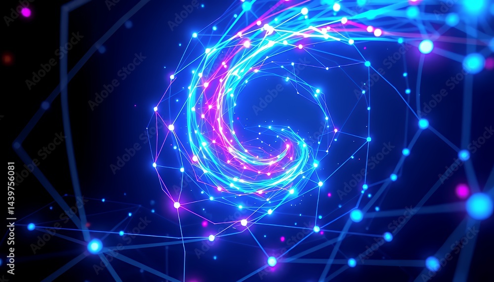 Poster intricate 3d neon biotech illustration with spiraling light patterns and interconnected lines in dee