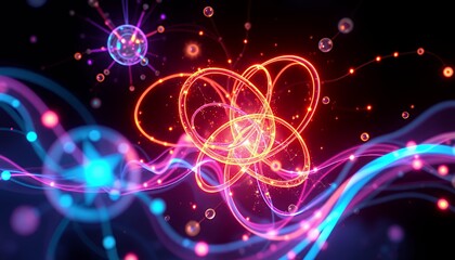 Intricate 3D Neon Biotech Illustration with Red Orange Swirls Blue Purple Lines and Spherical Nodes against Dark Backdrop Creates Futuristic Technology Concept