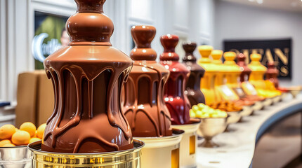 A tempting row of flowing chocolate fountains presents milk, dark, and white/yellow varieties cascading elegantly. Bowls of fresh fruit for dipping sit alongside this indulgent buffet display.