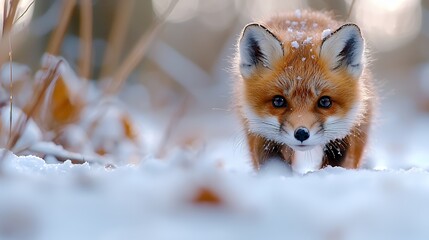 Fox Walking in Snowy Field with Warm Sunlight, Winter Scenery