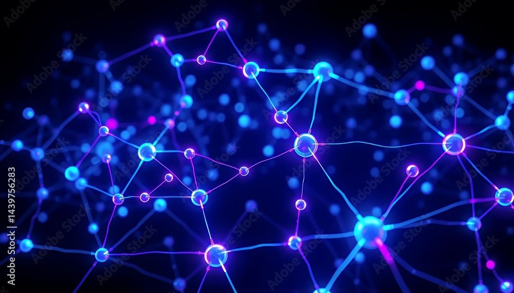 Poster intricate 3d neon biotech network illustration with glowing blue and pink spheres connected by lines