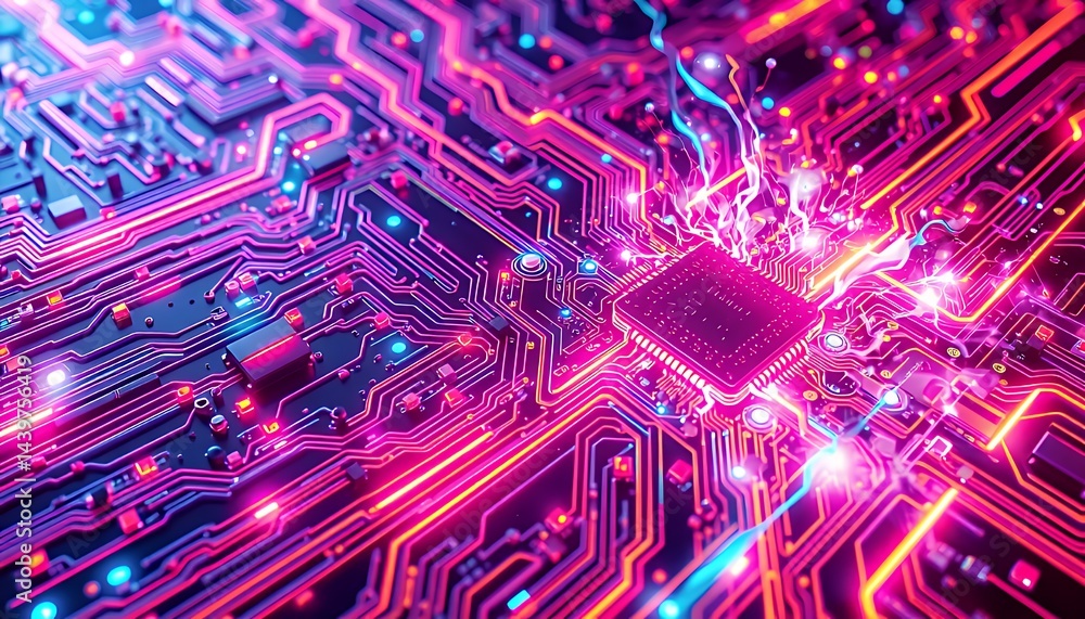 Poster intricate biotech circuit board in neon pink and blue 3d illustration featuring a complex network of