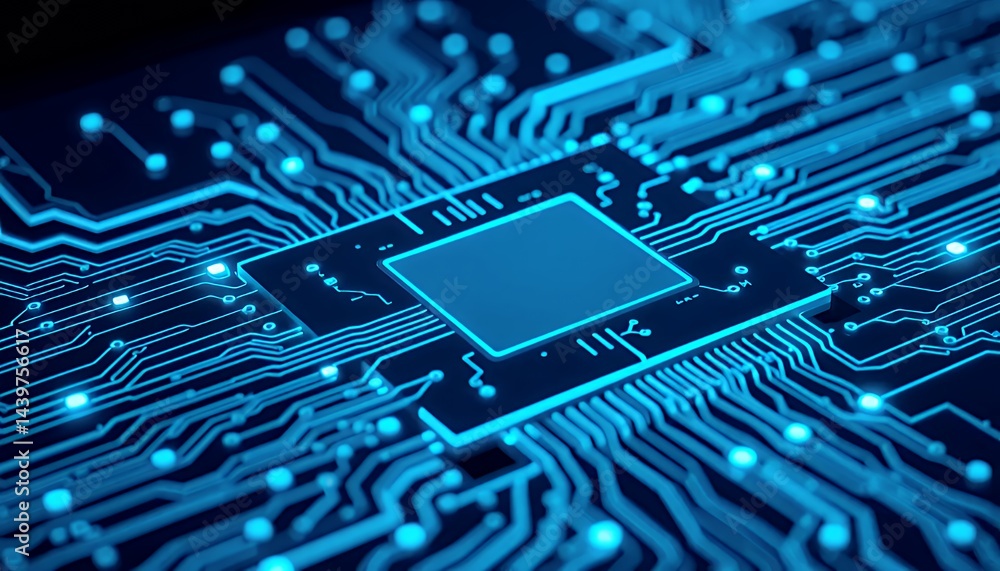 Poster intricate blue neon circuit network 3d biotech illustration featuring a complex web of glowing inter