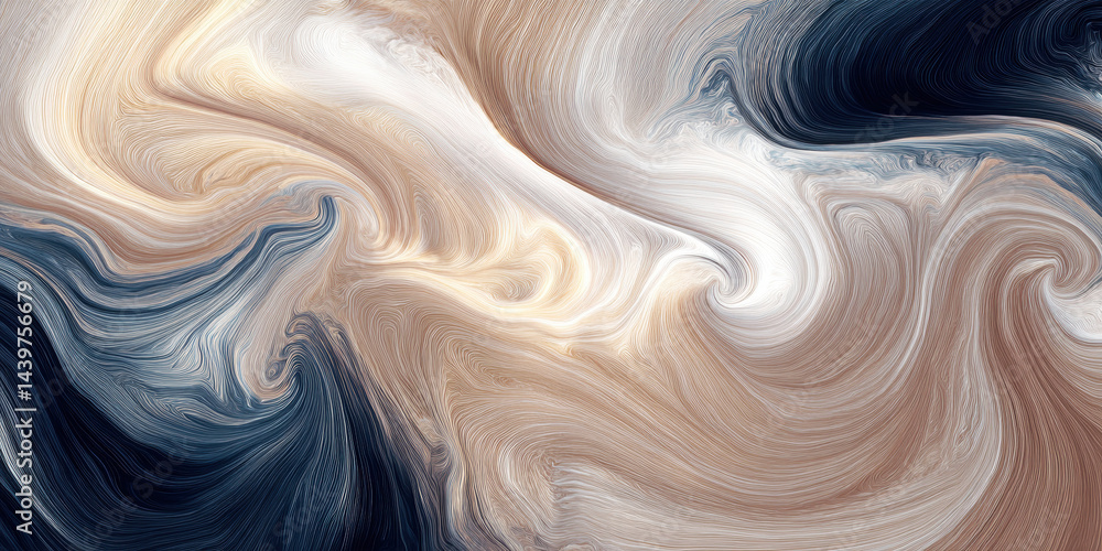 Poster this abstract artwork features a mesmerizing swirl of colors, merging soft beige, deep navy, and cre