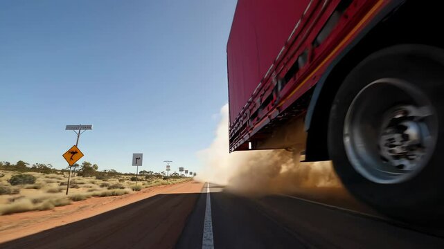 Red semi truck transporting goods drives on a long desert road in the australian outback, kicking up dust and passing kangaroo crossing signs