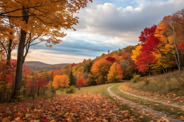 Breathtaking autumn landscape with vibrant fall foliage along a winding path, colorful trees in shades of red, yellow, and orange, capturing the essence of fall.