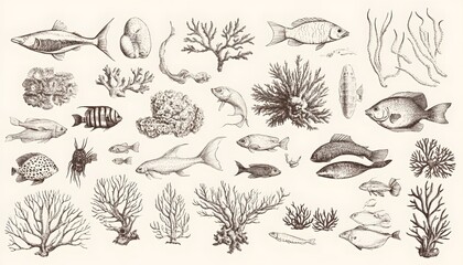 Detailed pen and ink drawings depicting various marine life forms