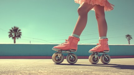 Teenage girl roller skating on rooftop with palm trees