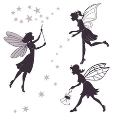 "Magical Fairy Silhouette Vector Collection with Moon, Forest, and Fantasy Elements for Storybooks and Art Projects"