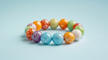 Colorful bracelet made of glossy beads on a light blue surface showcasing a vibrant design and craftsmanship