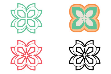 bstract Flower and Geometric Patterns Line Art Icon Set of A, Colorful Floral Designs with Thin Lines in Green, Red, and Black
