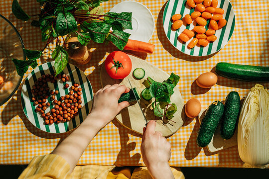 Naklejki Woman preparing a summer salad with fresh vegetables indoors