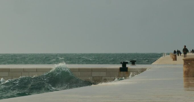 Strong Waves from the Jugo Wind Crash on the Promenade in Zadar, Croatia