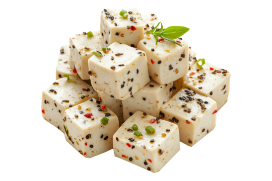 Cubes of seasoned tofu with visible herbs and spices, arranged in stack isolated on white transparent background, concept of healthy vegetarian protein option