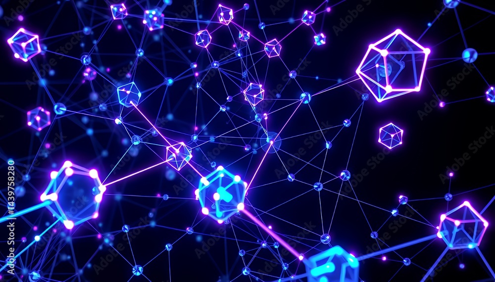 Poster neon blue pink bio tech 3d geometric network illustration on black background futuristic tech molecu