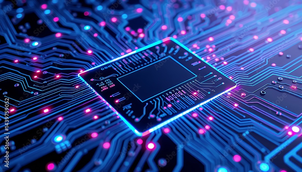 Poster neon lit circuit board illustration featuring blue and pink microchip with a technological pattern i