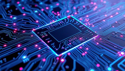 Neon Lit Circuit Board Illustration Featuring Blue and Pink Microchip with a Technological Pattern Ideal for Decoration and Background Use in Tech Projects and Digital Art