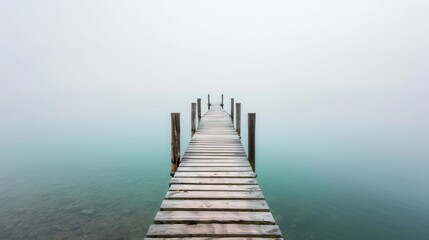Serene Foggy Pier Over Calm Water with Soft Horizon in Background