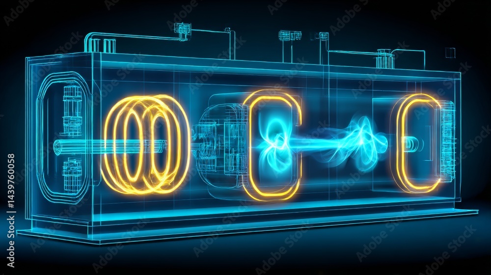 Poster projection of an experimental fusion chamber showcasing advanced technology and energy dynamics