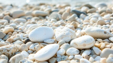 Smooth White and Beige Stones on the Shoreline with Ocean Background