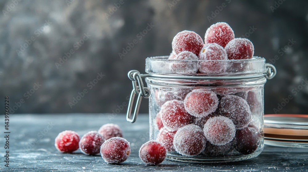 Poster frozen grapes in a glass jar on a dark countertop with a rustic background