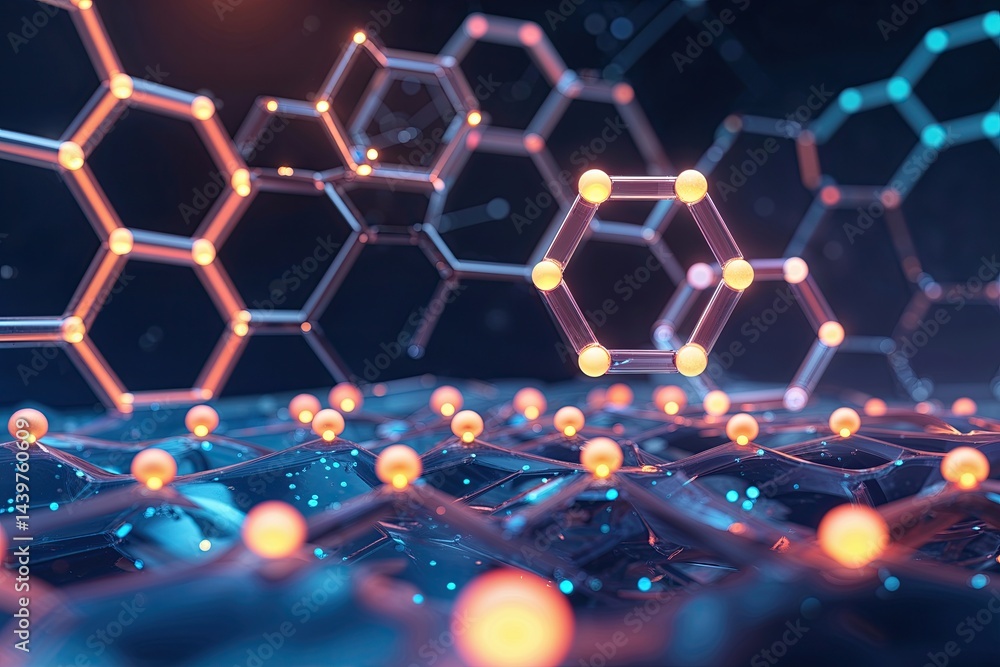 Poster innovative healthcare technology representation with hexagonal patterns and bright dots in an abstra