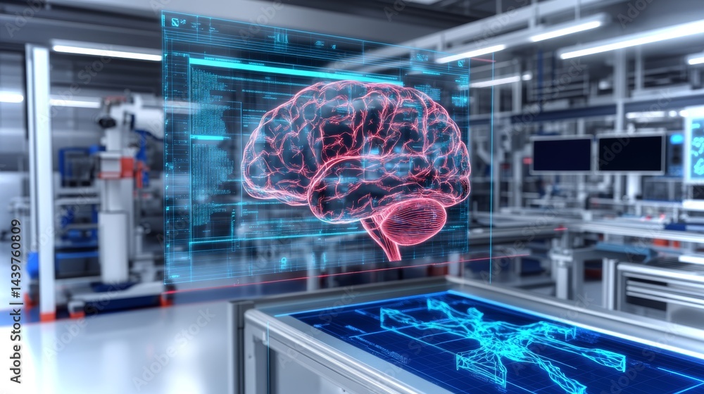 Poster floating holographic representation of a human brain in a modern technology lab setting